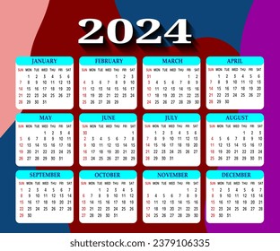 Modern wall calendar design 2024. Print Ready One Page wall calendar template design for 2024. Week starts on Sunday