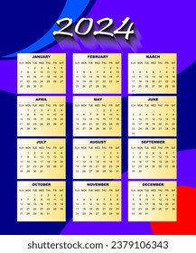 Modern wall calendar design 2024. Print Ready One Page wall calendar template design for 2024. Week starts on Sunday