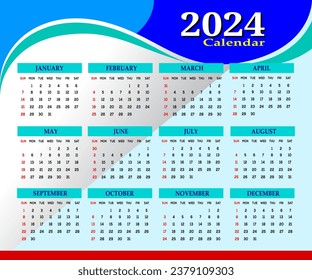 Modern wall calendar design 2024. Print Ready One Page wall calendar template design for 2024. Week starts on Sunday