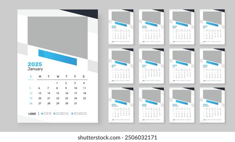 Diseño moderno del calendario de la pared 2025, calendario Corporativa de la pared de 12 meses 2025, la semana comienza el domingo, Plantilla simple del diseño del calendario de la Vertical.