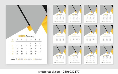 Modern wall calendar design 2025, Corporate 12 month wall calendar 2025 schedule, Week starts on Sunday, Simple vertical calendar design template.