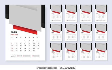 Modern wall calendar design 2025, Corporate 12 month wall calendar 2025 schedule, Week starts on Sunday, Simple vertical calendar design template.