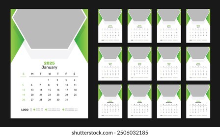 Modern wall calendar design 2025, Corporate 12 month wall calendar 2025 schedule, Week starts on Sunday, Simple vertical calendar design template.