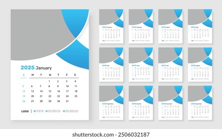 Modern wall calendar design 2025, Corporate 12 month wall calendar 2025 schedule, Week starts on Sunday, Simple vertical calendar design template.