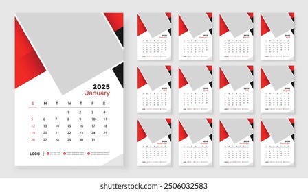 Modern wall calendar design 2025, Corporate 12 month wall calendar 2025 schedule, Week starts on Sunday, Simple vertical calendar design template.