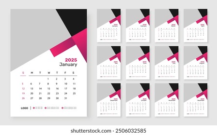 Modern wall calendar design 2025, Corporate 12 month wall calendar 2025 schedule, Week starts on Sunday, Simple vertical calendar design template.