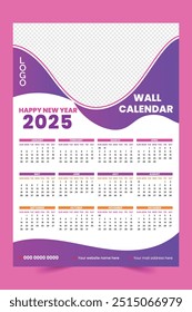 Projeto de calendário de parede moderno 2025. Projeto de modelo de calendário de parede de uma página para 2025.