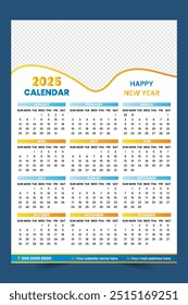 Modern wall calendar design 2025. Print Ready One Page wall calendar template design for 2025.