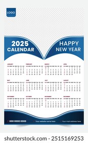 Modern wall calendar design 2025. Print Ready One Page wall calendar template design for 2025.