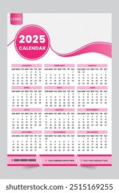 Modern wall calendar design 2025. Print Ready One Page wall calendar template design for 2025.