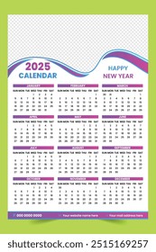 Modern wall calendar design 2025. Print Ready One Page wall calendar template design for 2025.