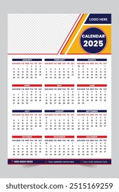 Modern wall calendar design 2025. Print Ready One Page wall calendar template design for 2025.