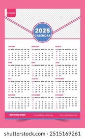 Modern wall calendar design 2025. Print Ready One Page wall calendar template design for 2025.