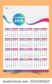 Modern wall calendar design 2025. Print Ready One Page wall calendar template design for 2025.