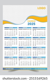 Modern wall calendar design 2025. Print Ready One Page wall calendar template design for 2025.