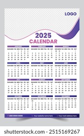 Modern wall calendar design 2025. Print Ready One Page wall calendar template design for 2025.