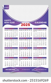 Modern wall calendar design 2025. Print Ready One Page wall calendar template design for 2025.