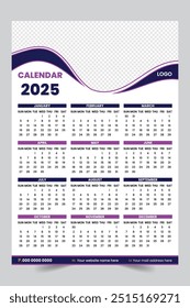 Modern wall calendar design 2025. Print Ready One Page wall calendar template design for 2025.