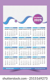 Modern wall calendar design 2025. Print Ready One Page wall calendar template design for 2025.