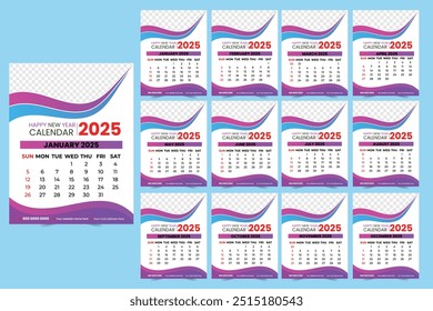 Projeto de calendário de parede moderno 2025. Projeto de modelo de calendário de parede de 12 páginas para 2025.