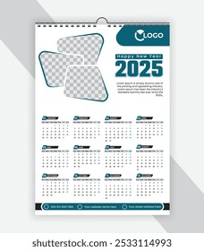 Projeto de calendário de parede moderno 2025 . Projeto de modelo de calendário de parede de uma página pronto para impressão para 2025