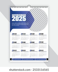 Projeto de calendário de parede moderno 2025 . Projeto de modelo de calendário de parede de uma página pronto para impressão para 2025