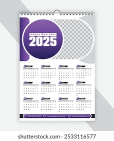 Projeto de calendário de parede moderno 2025 . Projeto de modelo de calendário de parede de uma página pronto para impressão para 2025