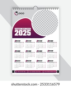 Modern wall calendar design 2025. Print Ready One Page wall calendar template design for 2025. Week starts on Sunday