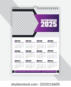 
Projeto de calendário de parede moderno 2025 . Projeto de modelo de calendário de parede de uma página pronto para impressão para 2025
