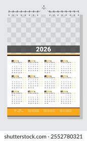 Diseño moderno de calendario de pared 2026.Week comienza el domingo, diseño de Plantilla de calendario de pared de una página listo para imprimir para 2026.Week comienza el domingo.