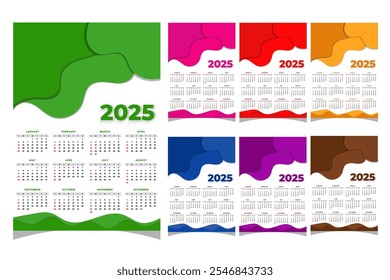 Moderno diseño de calendario de pared multicolor 2025. Diseño de Plantilla de calendario de pared de una página para 2025. La semana comienza el domingo