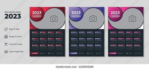 Modern wall calendar design template 2023 with black background . Corporate and business planner diary for new year 2023, Week starts on Sunday.