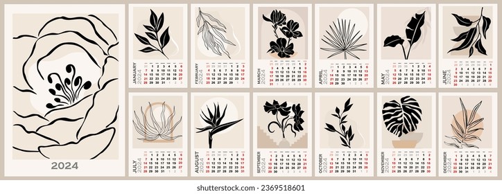 Modern wall calendar template for 2024 . Vertical design with trendy bohemian abstract botanical print. Vector illustration page template A3, A2 for printable monthly calendar. Week starts on Sunday.