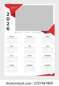 Modern wall calendar template for 2026. 1 page calendar template for company.