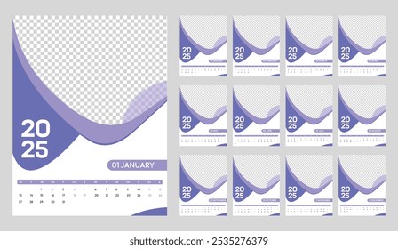 Modern Wall Calendar Template Design for 2025.Set of 12 pages calendar EPS template