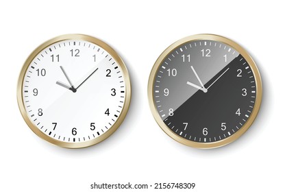 Modern wall clock with golden frame, realistic vector illustration isolated on white background. Office clock with balck and white dial, 3d mockup set.