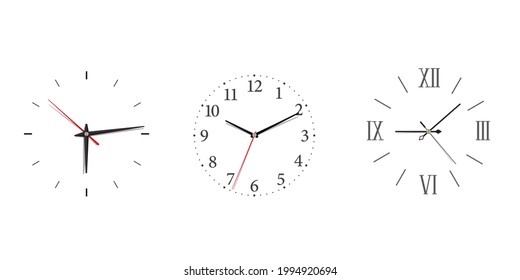 Modern wall clock set with roman and Arabic numerals in minimalism style. Classic icon with black wall clock on white background for concept design