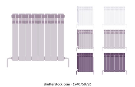 Modern wall mount radiator home heater set. Equipment to keep room, kitchen, bathroom and bedrooms warm. Vector flat style cartoon illustration isolated on white background, different colors and views