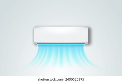 Modern wall mounted air conditioner with flows of cold air. Controlling temperature and climate in room vector realistic illustration. 