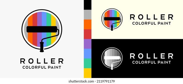 modern wall paint logo design template. silhouette of a roller brush in a rainbow color style in a circle. premium vector