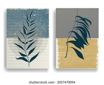 Modern wallpaper with minimalist design elements . Botanical art. Backgrounds in Boho style  . Wall art , home deco . Contemporary posters with leaves and geometric shapes .Vector abstract wallpaper.