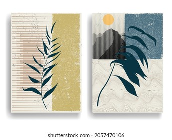 Modern wallpaper with minimalist design elements . Botanical art. Backgrounds in Boho style  . Wall art , home deco . Contemporary posters with leaves and geometric shapes .Vector abstract wallpaper.