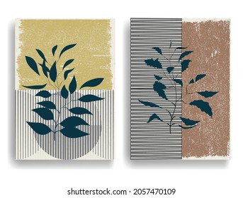 Papel moderno con elementos de diseño minimalista. Arte botánico. Antecedentes al estilo Boho . Arte mural, deco doméstico. Afiches contemporáneos con hojas y formas geométricas.Papel de pared abstracto vectorial.