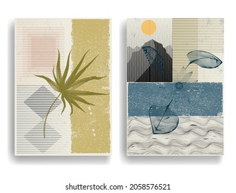 Modern wallpaper with minimalist design elements . Botanical art. Backgrounds in Boho style  . Wall art , home deco . Contemporary posters with leaves and geometric shapes .Vector abstract wallpaper.