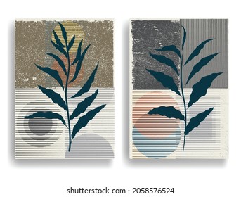 Modern wallpaper with minimalist design elements . Botanical art. Backgrounds in Boho style  . Wall art , home deco . Contemporary posters with leaves and geometric shapes .Vector abstract wallpaper.
