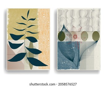 Papel moderno con elementos de diseño minimalista. Arte botánico. Antecedentes al estilo Boho . Arte mural, deco doméstico. Afiches contemporáneos con hojas y formas geométricas.Papel de pared abstracto vectorial.