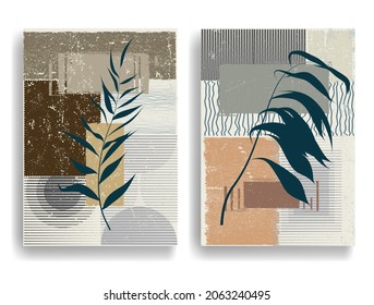 Modern wallpaper with minimalist design elements . Botanical art. Backgrounds in Boho style  . Wall art , home deco . Contemporary posters with leaves and geometric shapes .Vector abstract wallpaper.