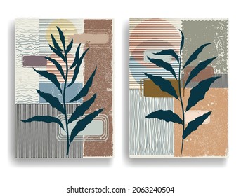 Modern wallpaper with minimalist design elements . Botanical art. Backgrounds in Boho style  . Wall art , home deco . Contemporary posters with leaves and geometric shapes .Vector abstract wallpaper.