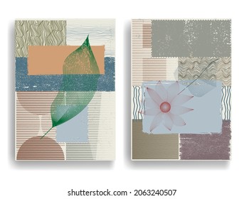 Papel moderno con elementos de diseño minimalista. Arte botánico. Antecedentes al estilo Boho . Arte mural, deco doméstico. Afiches contemporáneos con hojas y formas geométricas.Papel de pared abstracto vectorial.
