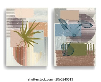 Modern wallpaper with minimalist design elements . Botanical art. Backgrounds in Boho style  . Wall art , home deco . Contemporary posters with leaves and geometric shapes .Vector abstract wallpaper.